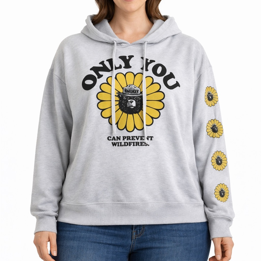 White Smokey the Bear Sweatshirt with Sunflower Design
